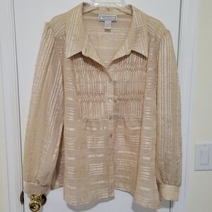 Simonton Says George Simonton Champagne Gold Pleated Stripe Blouse XL Button Up